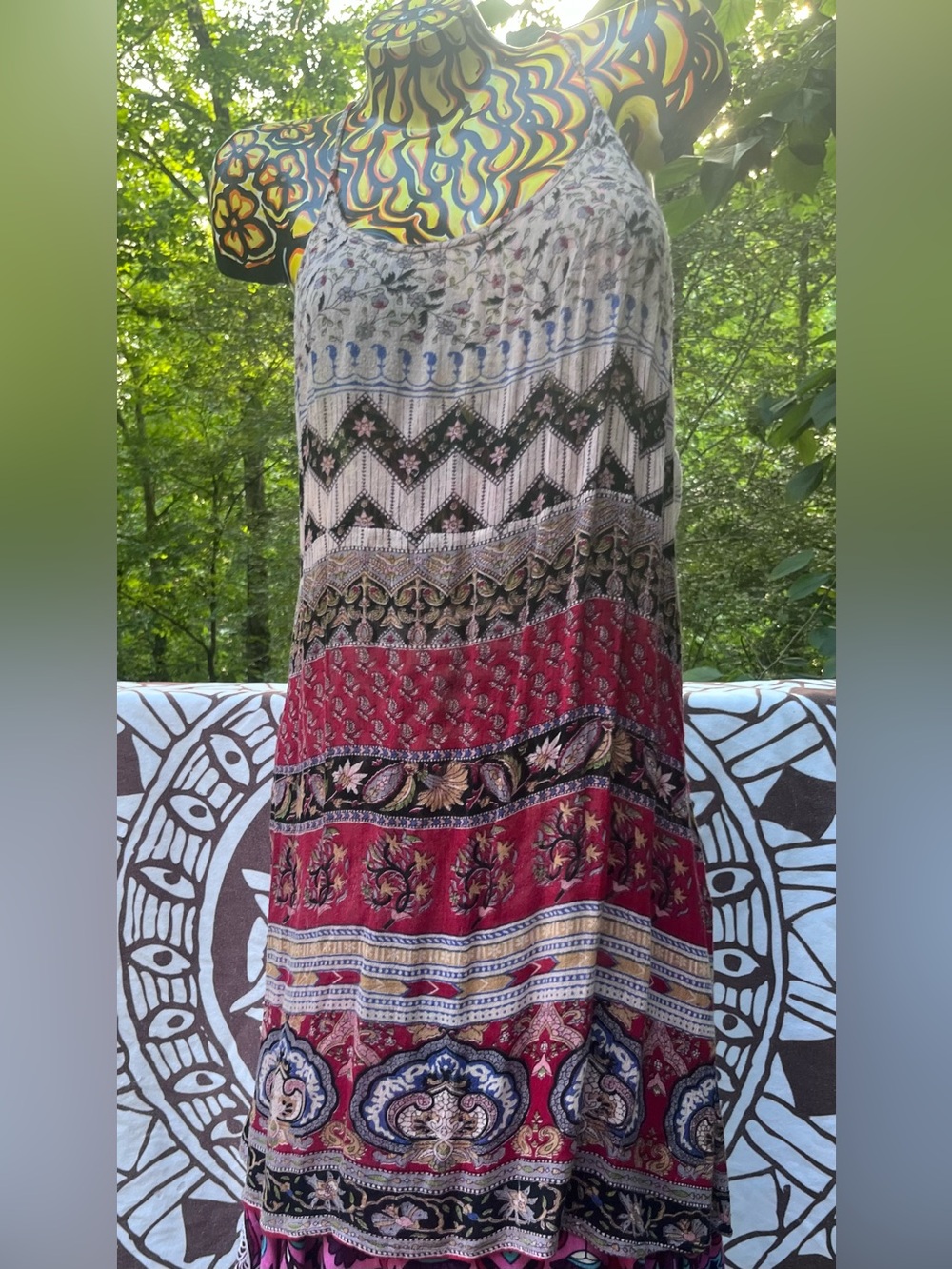 Greta Boho Floral Tiered Maxi Skirt in Red and Cream White